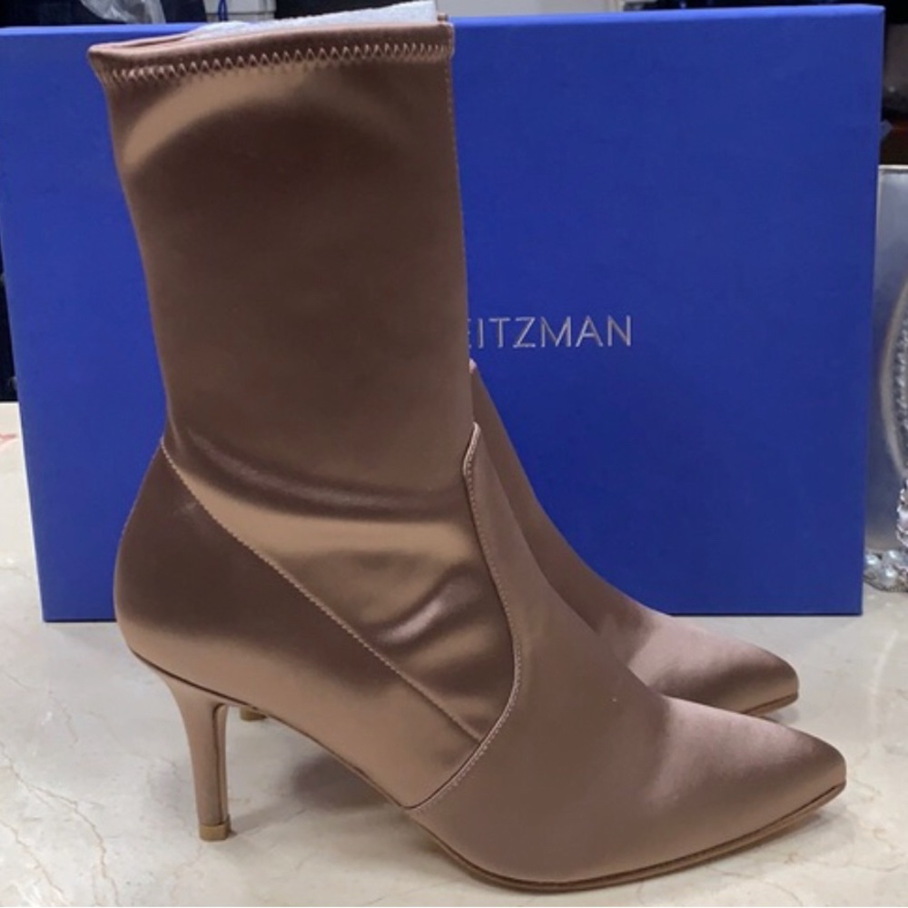 STUART WEITZMAN SATIN STRETCHY BOOTS IN OLD ROSE MADE IN SPAIN